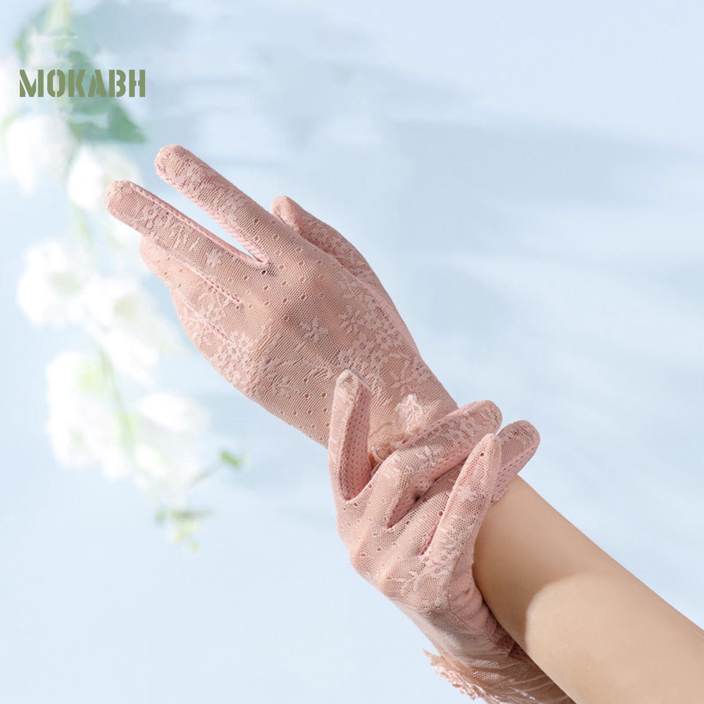 1 Đôi Găng Tay Chống Nắng Bằng Lụa Lạnh Phối Ren Có Thể Chạm Màn Hình Cảm Ứng