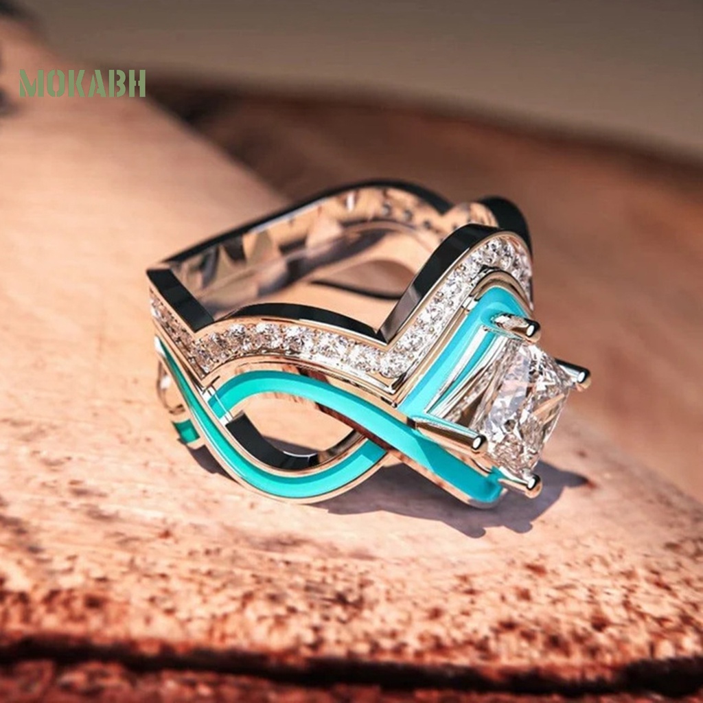 [Mok Abh] Nhẫn Hai Lớp Đính Đá Ngọc Lam Nhân Tạo Hình Sóng Biển Phong Cách Vintage Cho Nữ