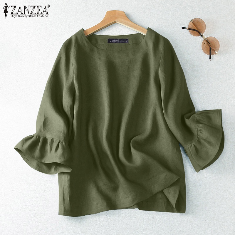 Zanzea Áo Sơ Mi Tay Lửng Nhún Bèo Màu Trơn Phong Cách Hàn Quốc Cho Nữ
