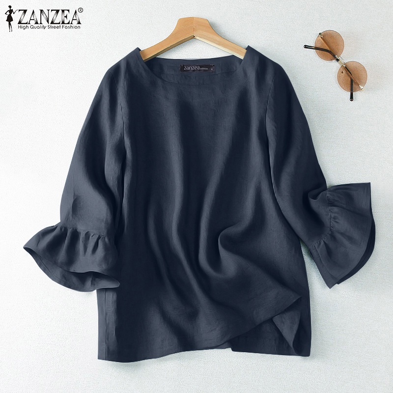 Zanzea Áo Sơ Mi Tay Lửng Nhún Bèo Màu Trơn Phong Cách Hàn Quốc Cho Nữ