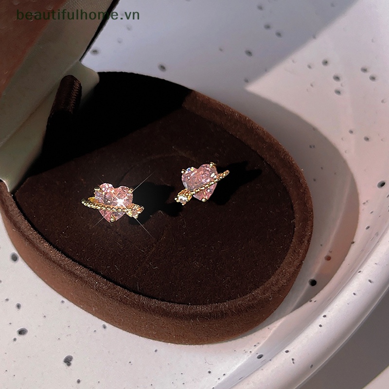 1 Đôi Bông Tai Hình Trái Tim Đính Đá Zircon Màu Hồng Thiết Kế Đơn Giản Thời Trang Cho Nữ