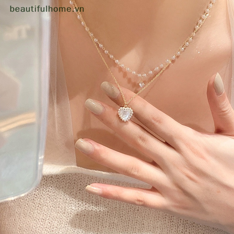 Vòng cổ Mặt Hình Trái Tim Đính Ngọc Trai Lấp Lánh Thời Trang Cho Nữ