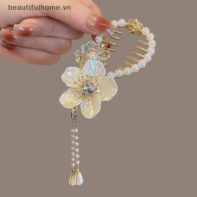 Kẹp Tóc Càng Cua Cố Định Tóc Đuôi Ngựa Đính Hoa Trà Và Ngọc Trai Xinh Xắn Cho Nữ [Beautyhome]