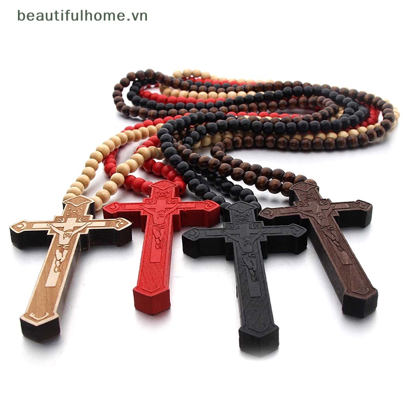 [beautifulhome] Vòng cổ Chuỗi Hạt Gỗ Mặt Thánh Giá Cổ Điển Làm Quà Tặng Cho Nam Và Nữ