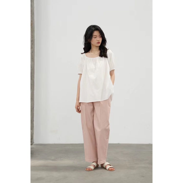 SUXI Áo Sơ Mi Tay Ngắn Phồng Cổ Tròn Màu Sắc Đơn Giản