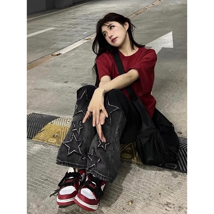 Quần Jean Ống Rộng Thêu Ngôi Sao Màu Gradient Phong Cách Đường Phố Mỹ Hàng Mới A3g4