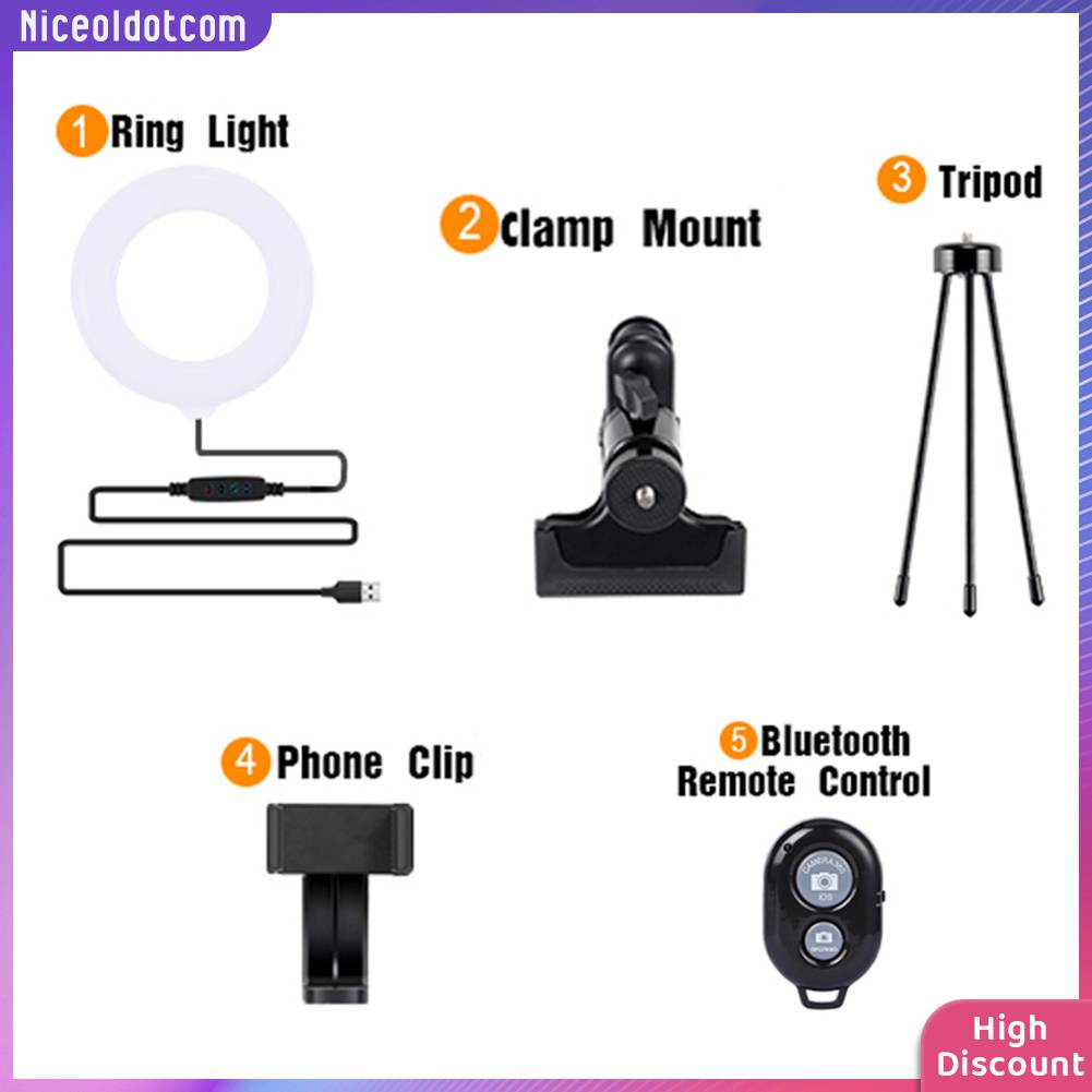 ☼Yimumiya ☼ Vòng Đèn LED 6 inch Cho Laptop Với Chân Tripod Kim Loại + Kẹp + Điều Khiển Bluetooth