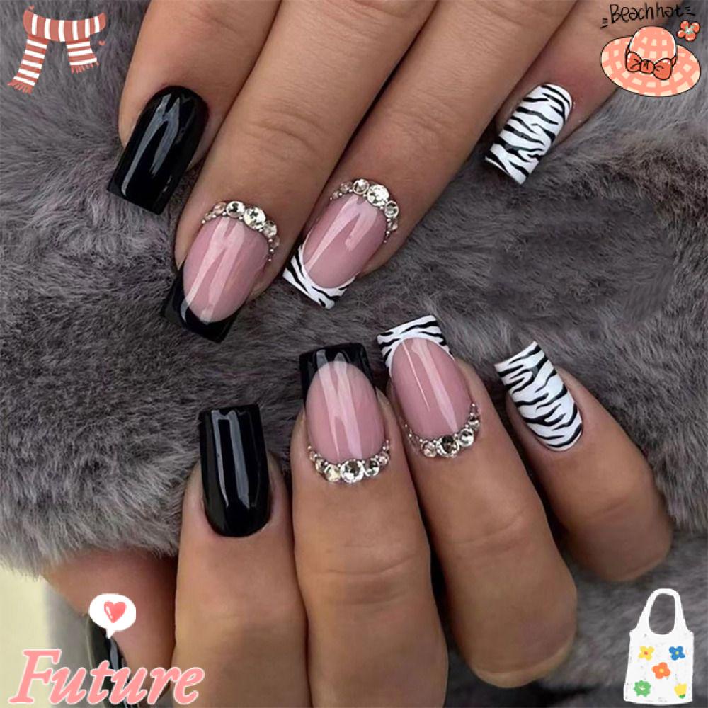 Móng Tay Giả Có Thể Tháo Rời Họa Tiết Sọc Đen Sáng Bóng Phong Cách Pháp