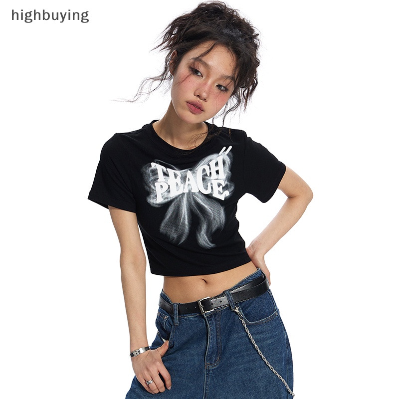 Áo Thun Lửng Ngắn Tay Cổ Tròn In Họa Tiết Phong Cách Retro Cho Nữ