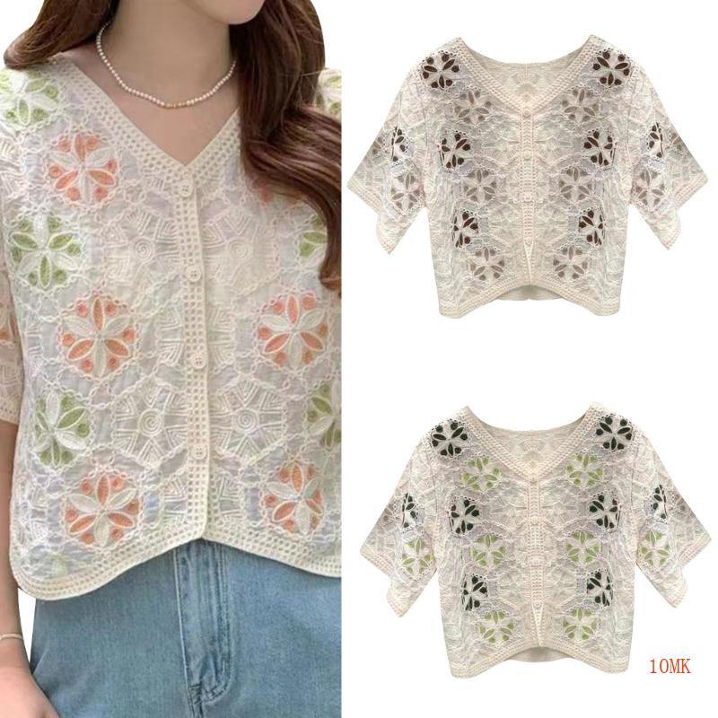 Áo Tank Top Dệt Kim Tay Ngắn Thêu Hoa Xinh Xắn Cho Nữ