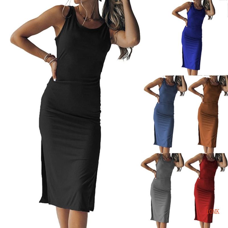 Xiangbao Đầm Midi Dài Không Tay Ôm Dáng Xẻ Tà Gợi Cảm Cho Nữ W