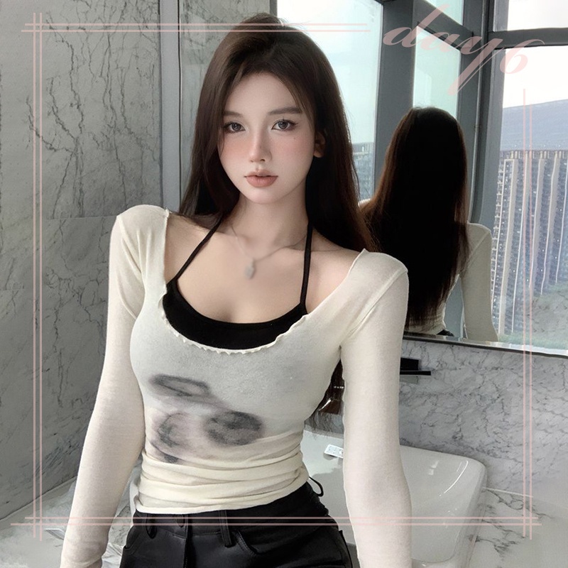 Set Áo Thun Lửng Tay Dài + Áo Dây Thời Trang Dành Cho Nữ