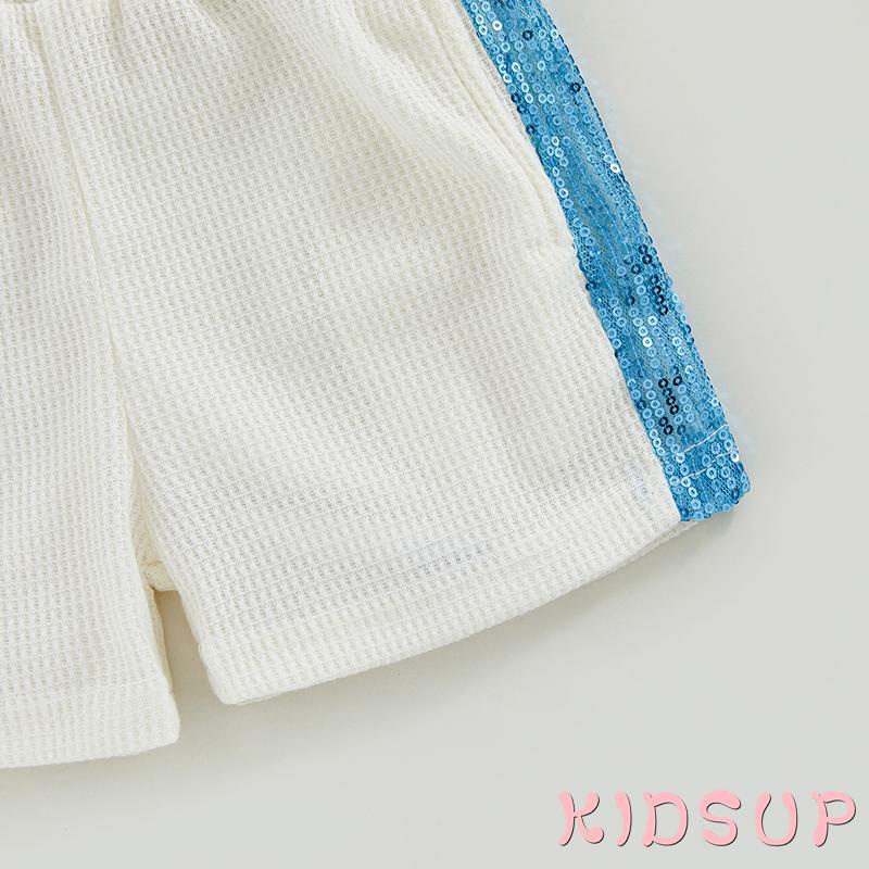 Set Đồ Mùa Hè 2 Món Gồm Áo Thun Tay Cộc Đính Kim Sa Lấp Lánh + Quần Ngắn Co Giãn Cho Bé Gái