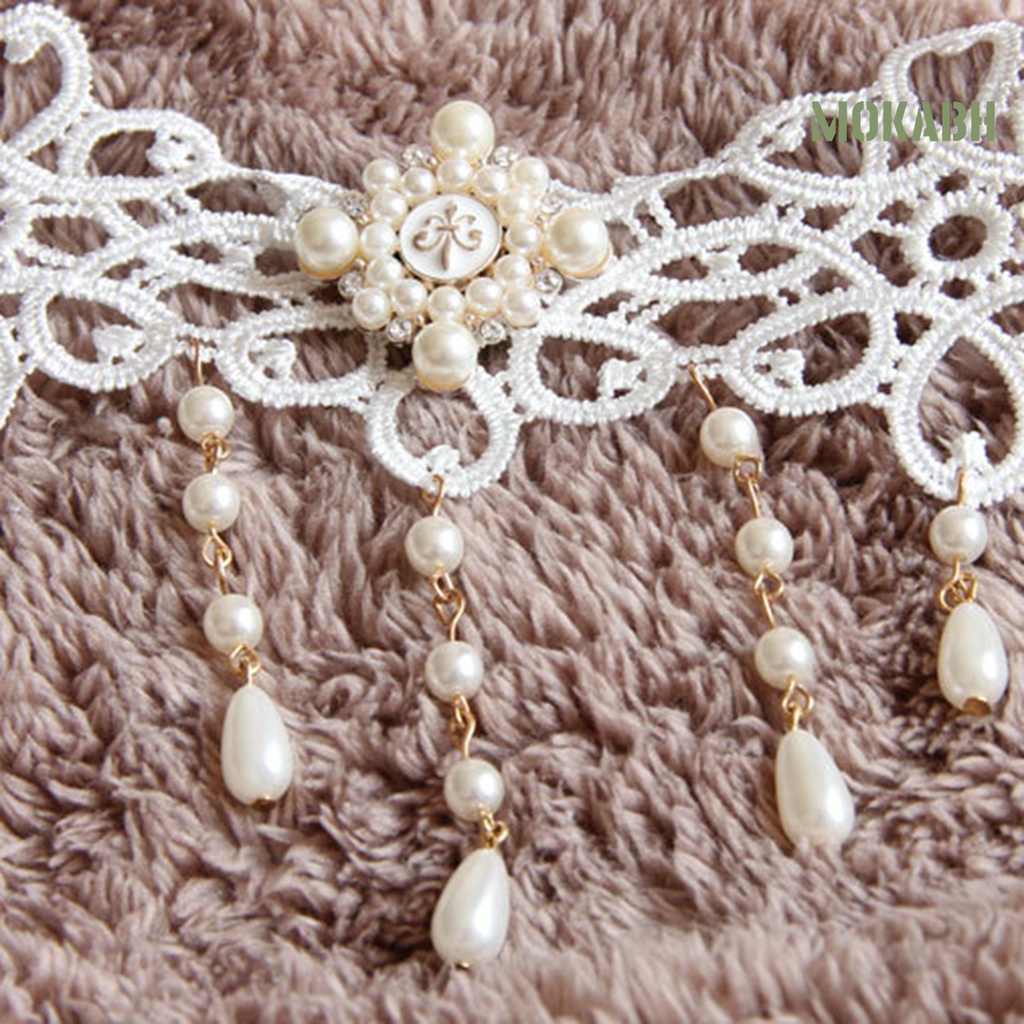[Mokabh] Vòng Cổ Choker Ren Trắng Đính Ngọc Trai Giả Thanh Lịch Có Thể Điều Chỉnh Trang Sức Cưới Dành Cho Nữ
