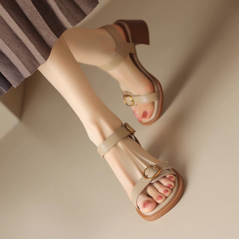 Duoya Tóc Thẳng ~ [Hàng Có Sẵn] Giày Sandal Dây Da Thật Mềm Cao Gót Hở Ngón Đế Dày Cài Khóa La Mã Cho Nữ