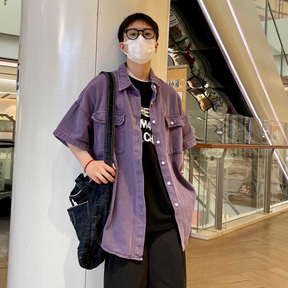 Áo Sơ Mi Denim Tay Ngắn Phong Cách Thời Trang Đường Phố Mới Cho Nam