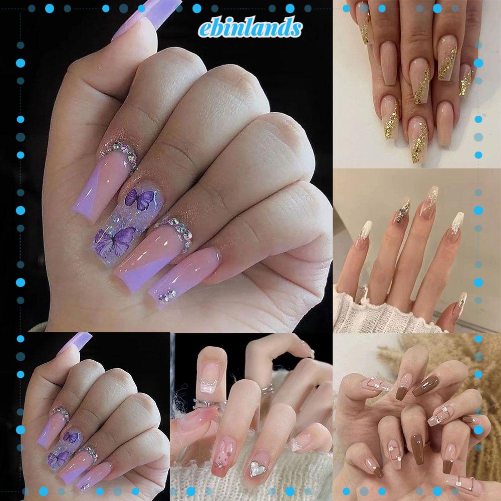 Set 24 Móng Tay Giả Che Phủ Toàn Diện Họa Tiết Bướm Xinh Xắn