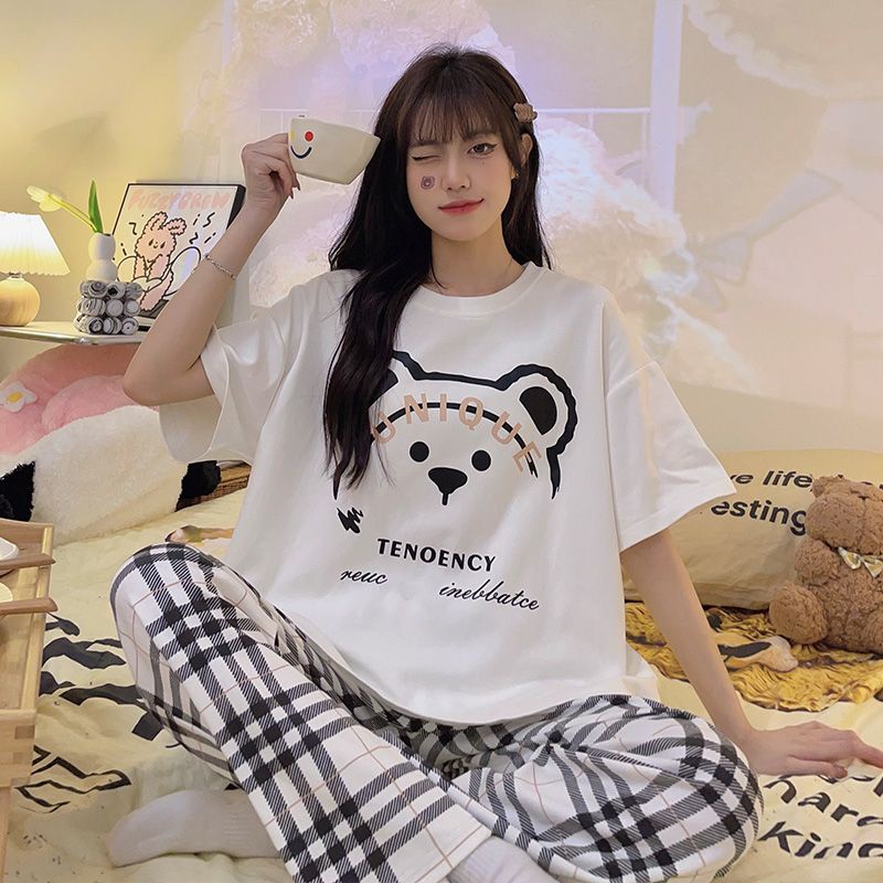Bộ Đồ Ngủ Tay Ngắn Cổ Tròn Họa Tiết Sọc Caro In Hình Gấu Dễ Thương Thời Trang Mùa Hè Cho Nữ