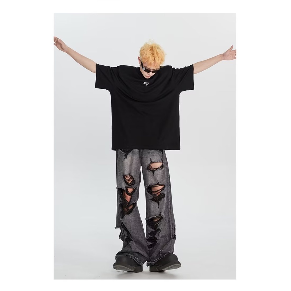 Quần Jean Rách Ống Rộng Màu Đen Phong Cách Retro Mỹ Cá Tính Cho Nam