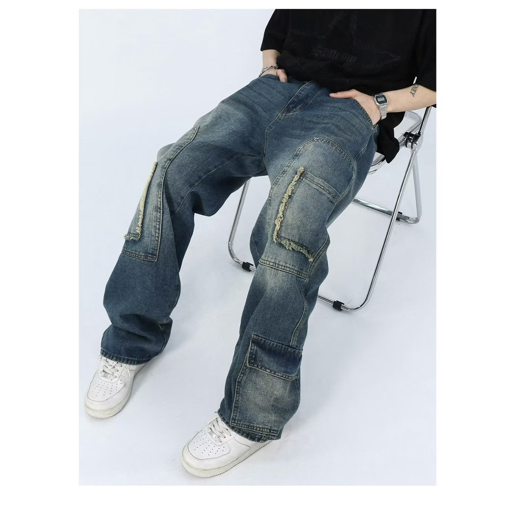 Quần Jean Dài Dáng Rộng Phối Nhiều Túi Phong Cách Retro