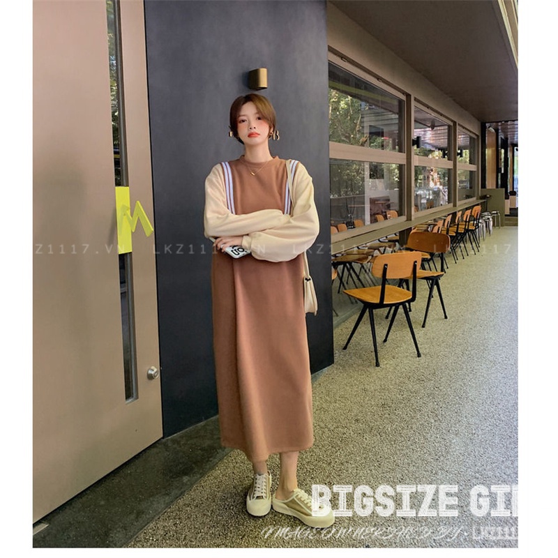 Váy đầm nữ Bigsize Đầm nỉ dáng suông tay dài cổ tròn mùa thu Phong cách Hàn Quốc Thời Trang cá tính xinh đẹp cho người mập béo nữ