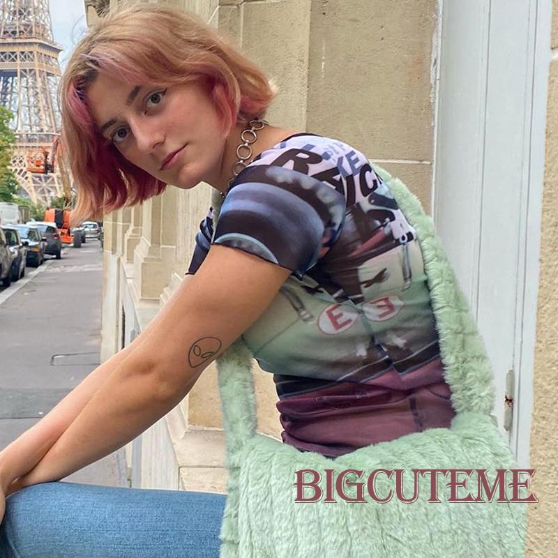 [] Áo Thun Lưới Ngắn Tay Xuyên Thấu Cổ Thuyền In Chữ Going Out Y2k Thời Trang Mùa Hè Cho Nữ