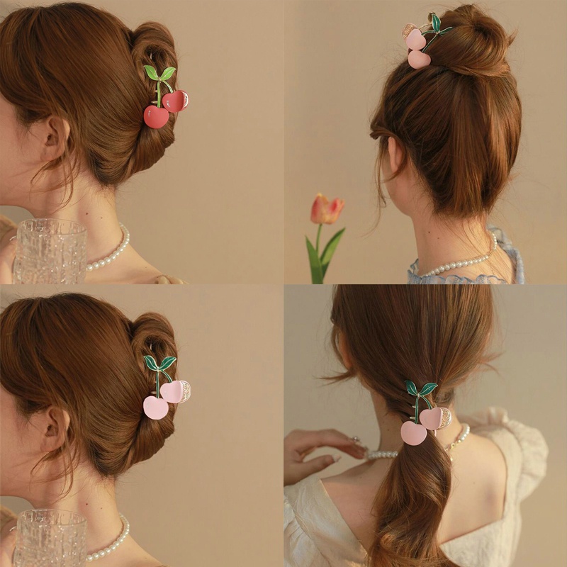 Kẹp Tóc Kim Loại Hình Trái Cherry Màu Hồng Dễ Thương Thời Trang Cho Nữ