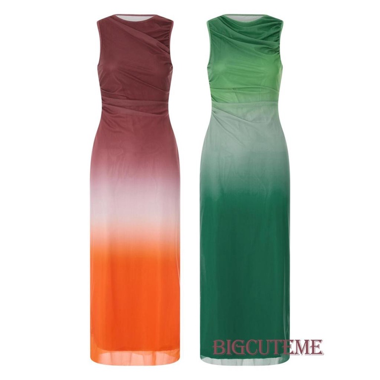[] Đầm Dài Không Tay Cổ Tròn In Màu Gradient Ôm Dáng Đi Biển Cho Nữ