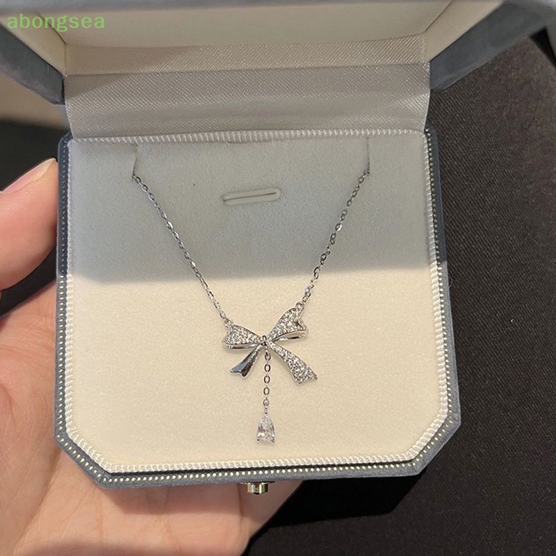 Abongsea Dây Chuyền Mặt Nơ Tua Rua Đính Đá Zircon Thanh Lịch Thời Trang Phong Cách Hàn Quốc Cho Nữ