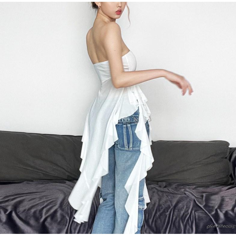 Áo Ống Nhún Bèo Hở Lưng Phối Tua Rua Phong Cách Đường Phố Cho Nữ