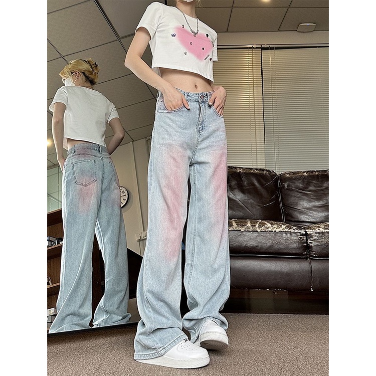 Quần Jean Dài Ống Rộng Màu Sắc Tương Phản Graffiti Mỹ Thời Trang Mùa Hè Cho Nữ