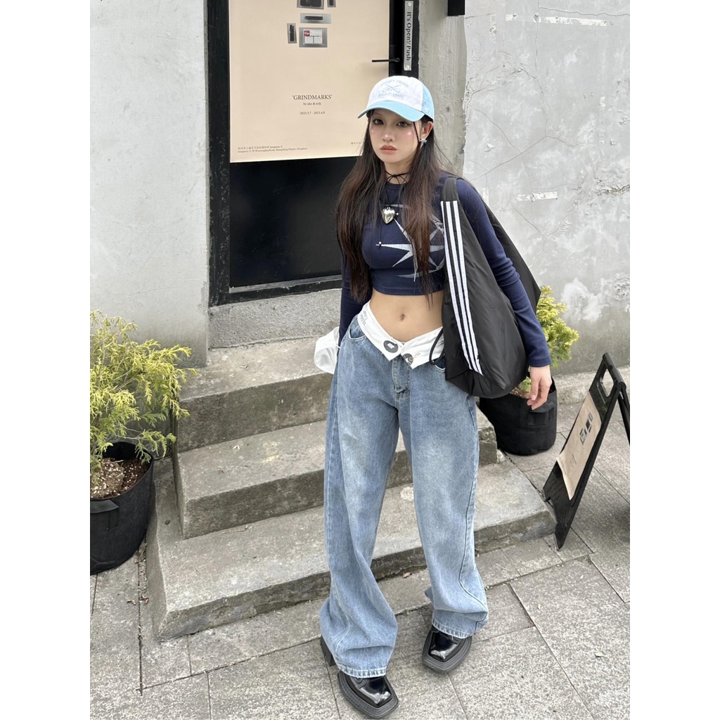 Quần Jean Nữ Ống Rộng Lưng Cao Phong Cách Đường Phố Mỹ Cá Tính