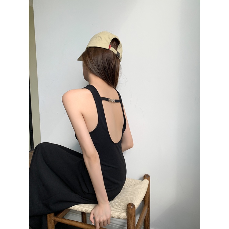 SUXI Đầm Dài Dáng Chữ A Không Tay Hở Lưng Màu Sắc Trơn Thời Trang Mùa Hè Dành Cho Nữ