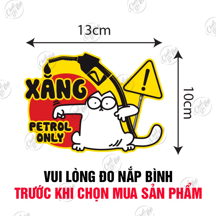 Combo 2 miếng dán trang trí bình xăng xe hơi ô tô cảnh báo chỉ đổ XĂNG CON MÈO petrol only