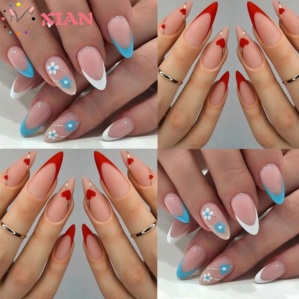 XIANTIN Set 24 Móng Tay Giả Hình Hoa Màu Trắng Xanh Có Thể Tháo Rời Diy