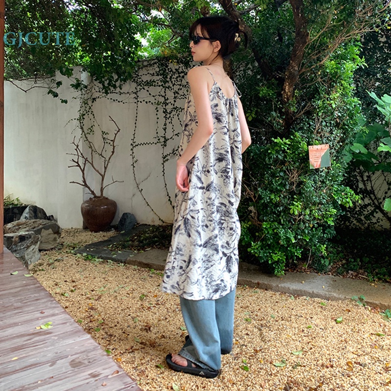 Đầm Hai Dây Dáng Rộng In Họa Tiết Vintage Hàn Quốc Thời Trang Mùa Hè Cho Bạn Gái