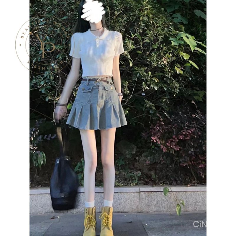 Set Áo Và Chân Váy Denim Phong Cách Hong Kong Ngọt Ngào Cho Nữ