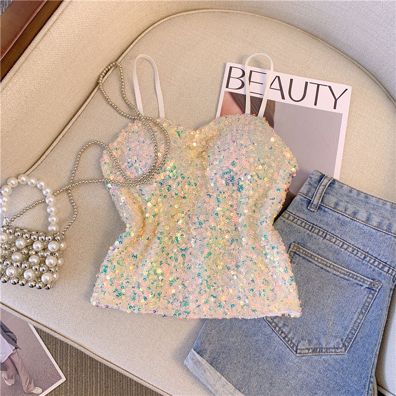 Áo Hai Dây Ôm Dáng Đính Kim Sa Lấp Lánh Quyến Rũ Phong Cách Mới Mùa Hè Cho Nữ