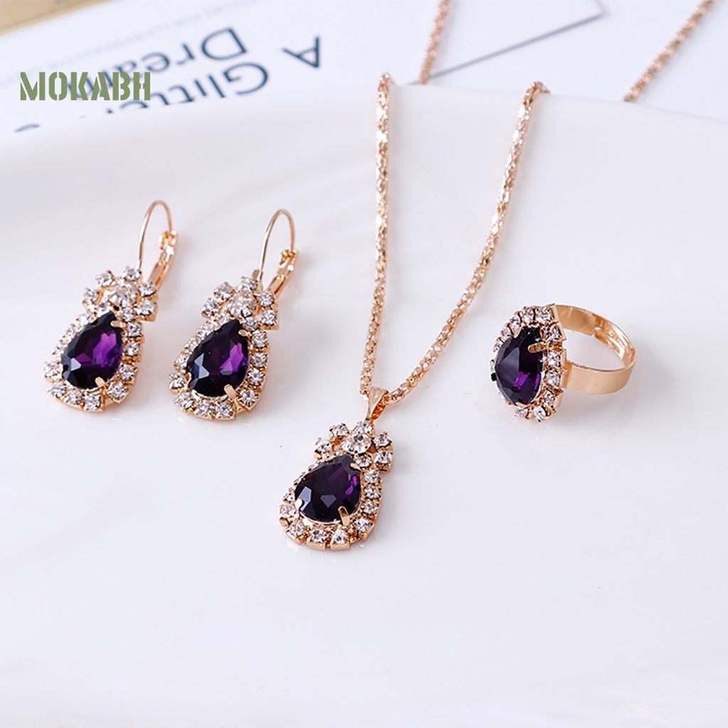 [Mok Abh] Set Vòng cổ + Nhẫn + Bông Tai Hình Giọt Nước Đính Đá Lấp Lánh Thời Trang Dự Tiệc Cho Nữ