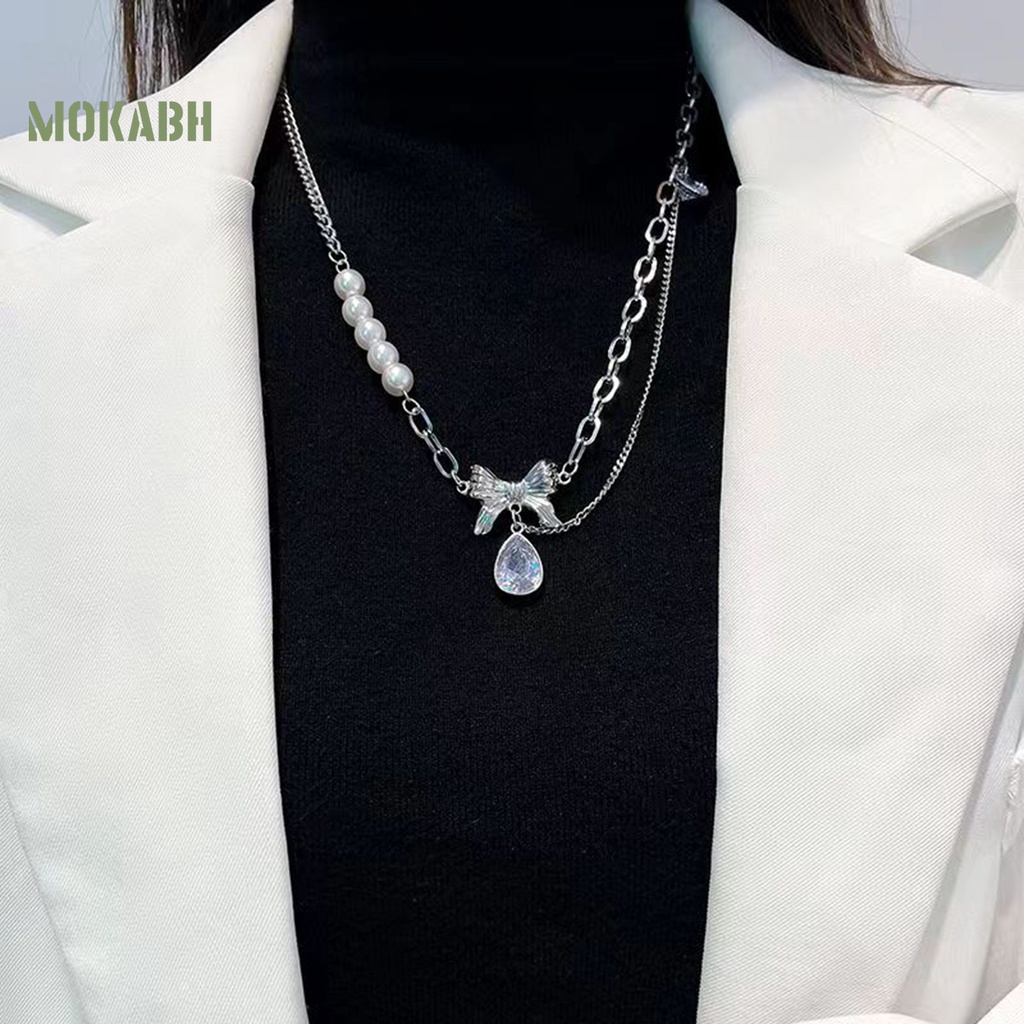 [Mok Abh] Vòng cổ Mặt Hình Nơ Đính Ngọc Trai Giả Thanh Lịch Sáng Bóng Hình Giọt Nước Trang Trí Cho Nữ