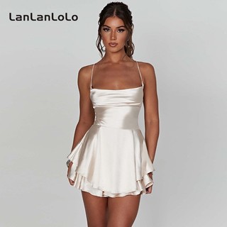 LanLanLo Nữ Màu Trơn Lưng Phối Ren Gợi Cảm Và Thanh Lịch Satin Dây Đầm