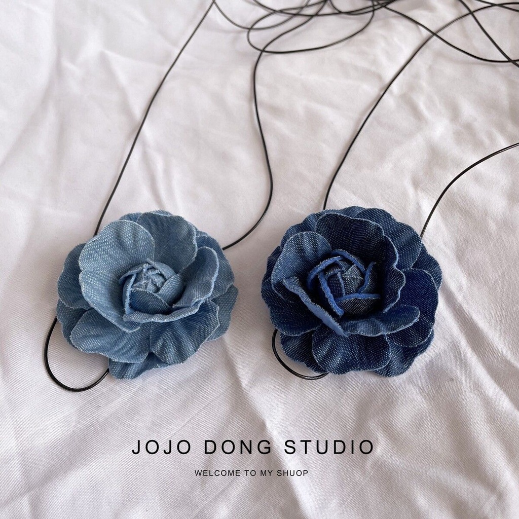 Vòng Cổ Denim Ba Chiều Hình Hoa Hồng Nhỏ Màu Xanh Dương Có Dây Cột Thời Trang Cho Nữ Niche