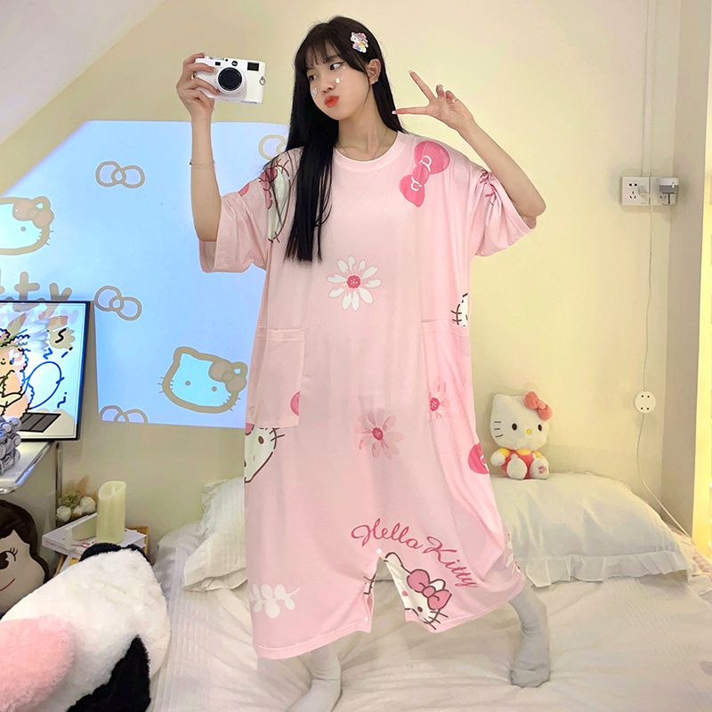Đầm Ngủ Cotton Tay Ngắn Dáng Rộng In Hoạt Hình Dễ Thương Thời Trang Mùa Hè Cho Nữ