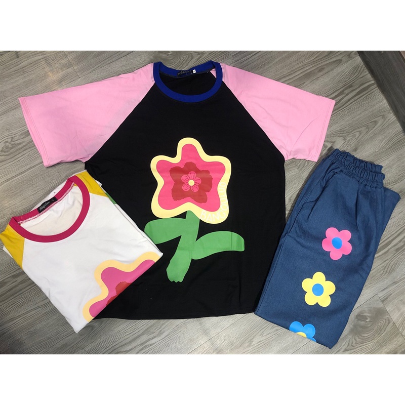 Bigsize Set áo thun hoa quần jeans dài 55-95kg