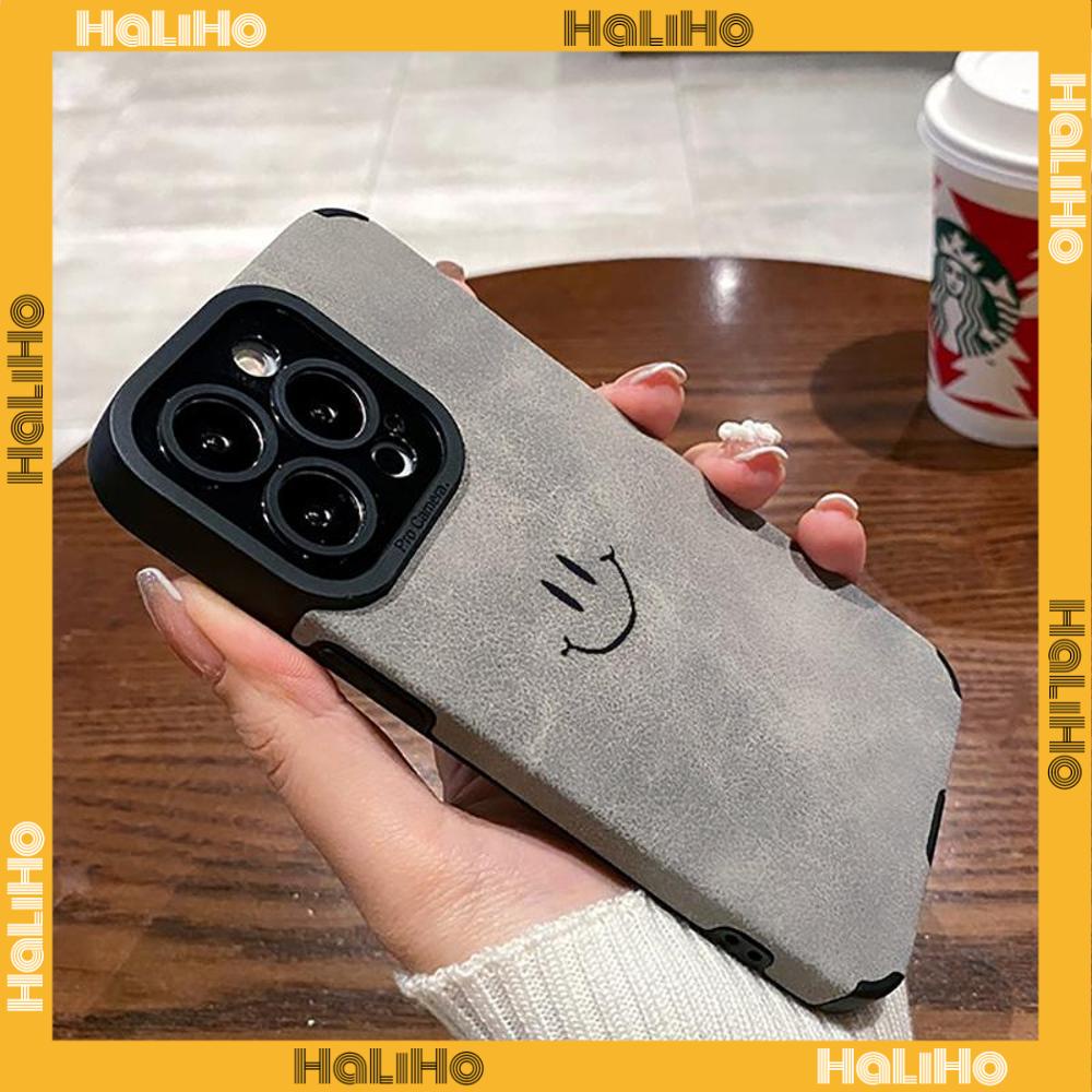 Ốp Lưng iPhone 11 Vỏ Da Veneer Màu Xám Vỏ Lông Học Trò Mềm Vỏ Điện Thoại Chống Sốc Biểu Tượng Cảm Xúc Nhỏ Mặt Cười Đơn Giản Tương thích với iPhone 14 Pro max 13 Pro max 12 Pro Max XR XS 7Plus 8Plus
