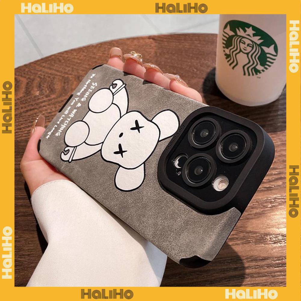 Ốp lưng iPhone 11 Ốp Lưng Da Veneer Màu Xám Vỏ Lông Học Trò Vỏ Mềm Chống Sốc Màu Trắng Cổ Điển Hình Gấu Hoạt Hình Tương thích với iPhone 14 Pro max 13 Pro max 12 Pro Max XR XS 7Plus 8Plus