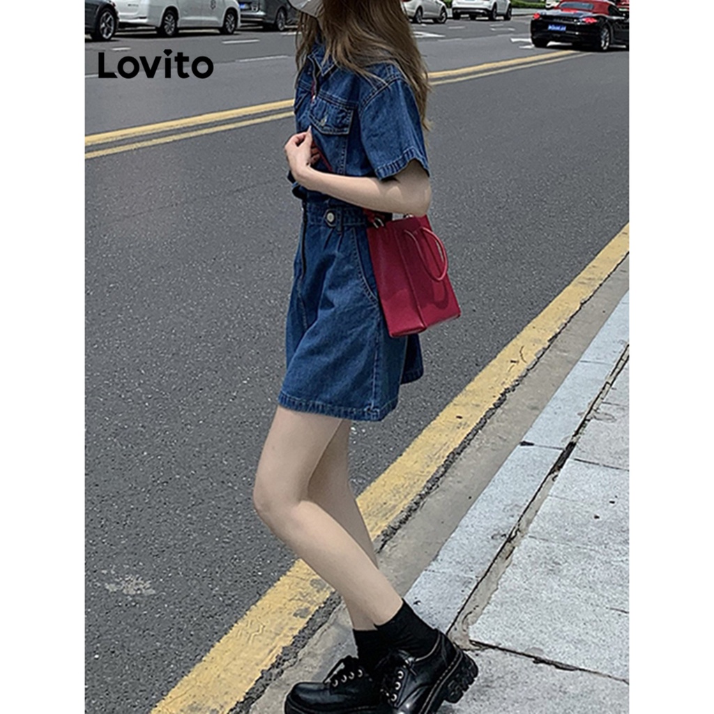 Lovito Đầm denim thô có túi màu trơn giản dị dành cho nữ LNA09006 (Màu xanh da trời)