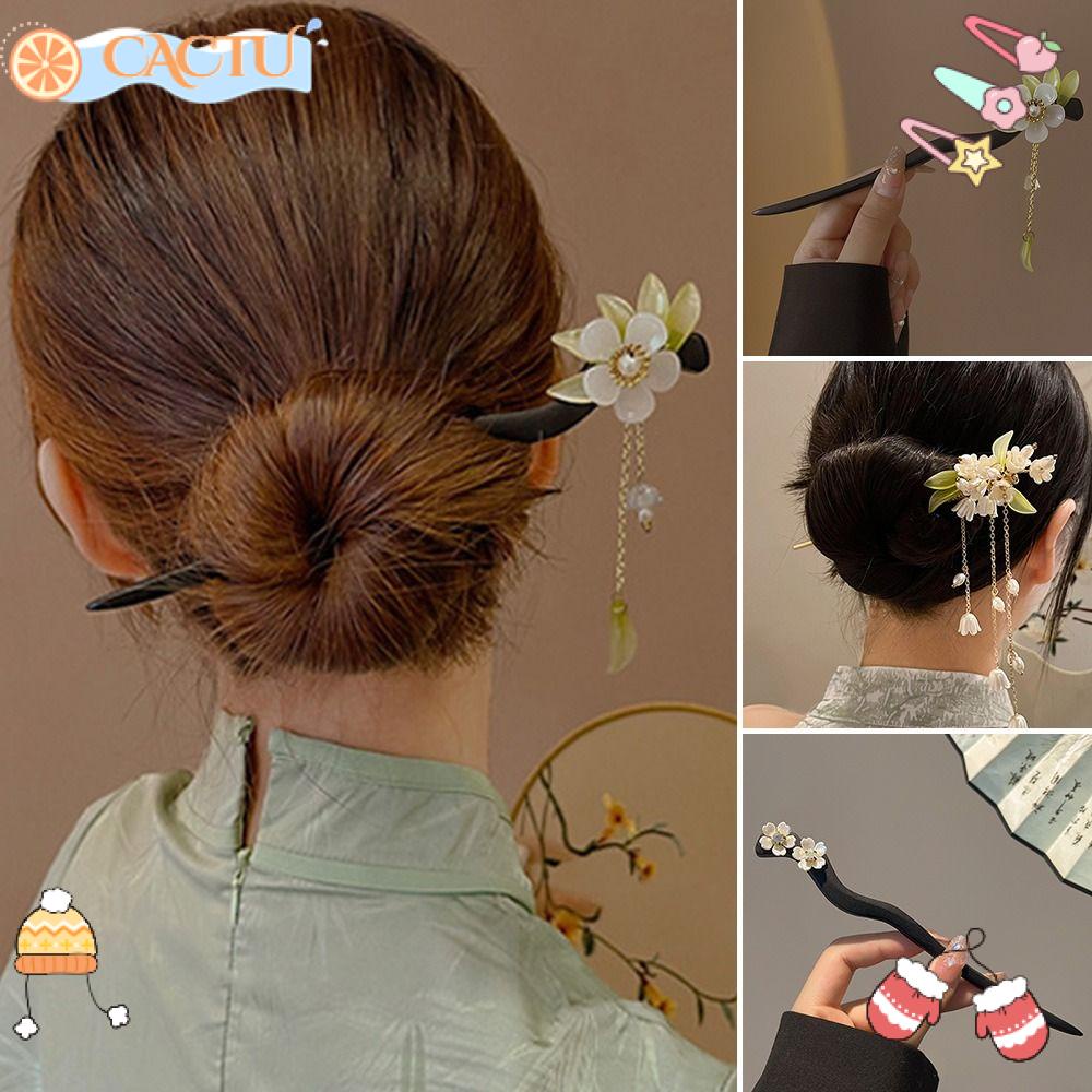 CACTU Trâm Cài Tóc Bằng Gỗ Phối Tua Rua Phong Cách Retro Thời Trang