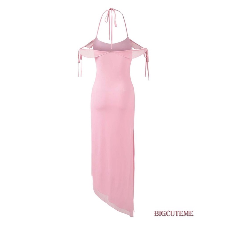 [] - Đầm Dài Không Tay Buộc Dây Cổ Không Đều Màu Hồng Mùa Hè Cho Nữ