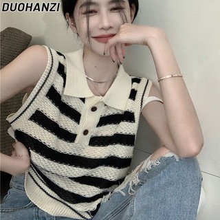 DUOHANZI  Áo polo Không Tay Kẻ Sọc Ngang Phong Cách Hàn Quốc Thời Trang Mùa Hè Hàng Mới Dành Cho Bạn Nữ